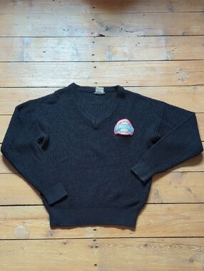 274- Vintage Brooks Black V-Neck Sweater with Red Logo Patch